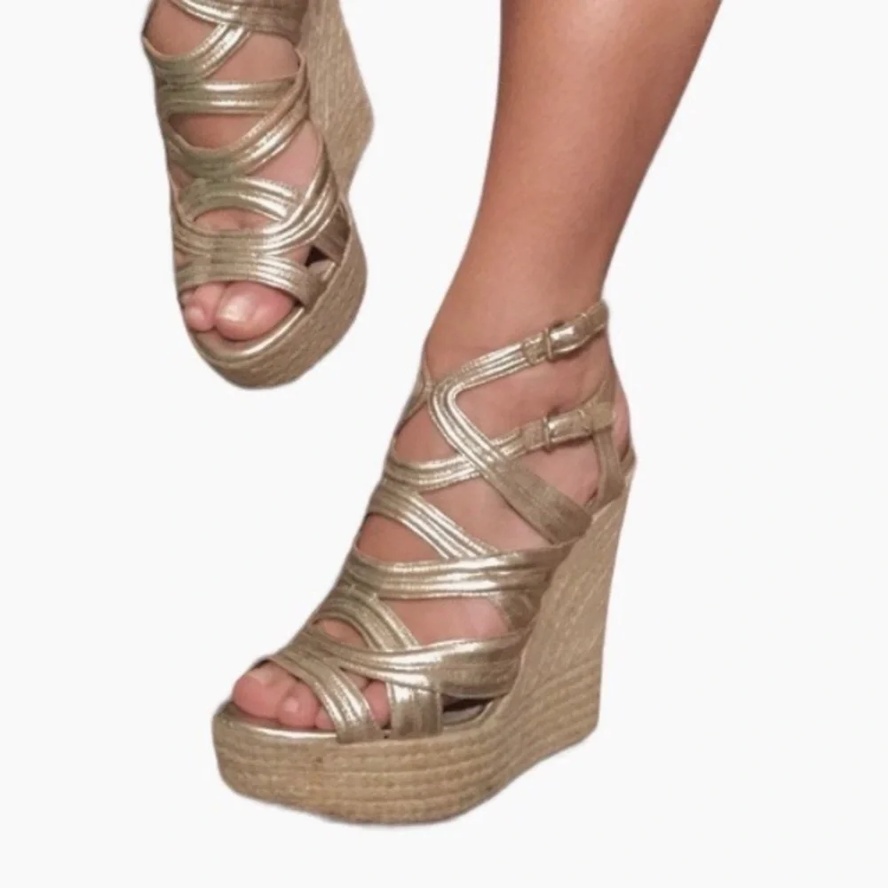 JOAN & DAVID METALLIC GOLD LEATHER STRAP ESPADRILLE WEDGE SANDALS